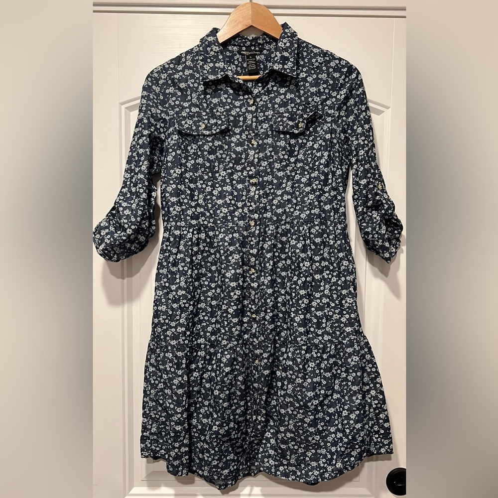 Blue Floral 3/4 Sleeve Cotton Button-Up Dress